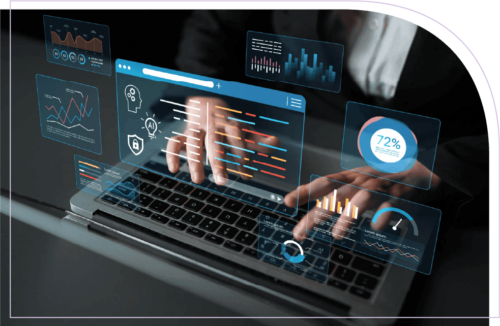 A professional working on a laptop with virtual analytics panels, charts, and performance metrics