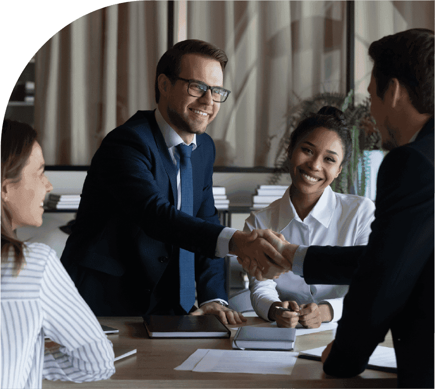Professionals engage in a formal business discussion