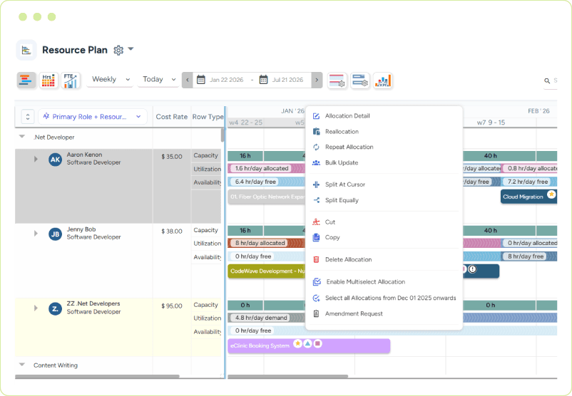 Dashboard showing weekly resource allocations with a pop-up menu for managing assignments