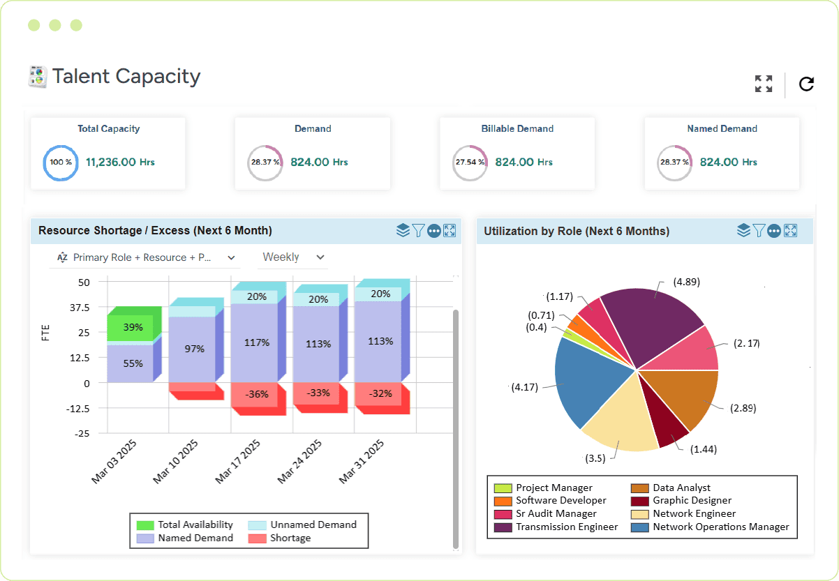 Talent planning dashboard forecasting capacity shortage/excess and resource utilization