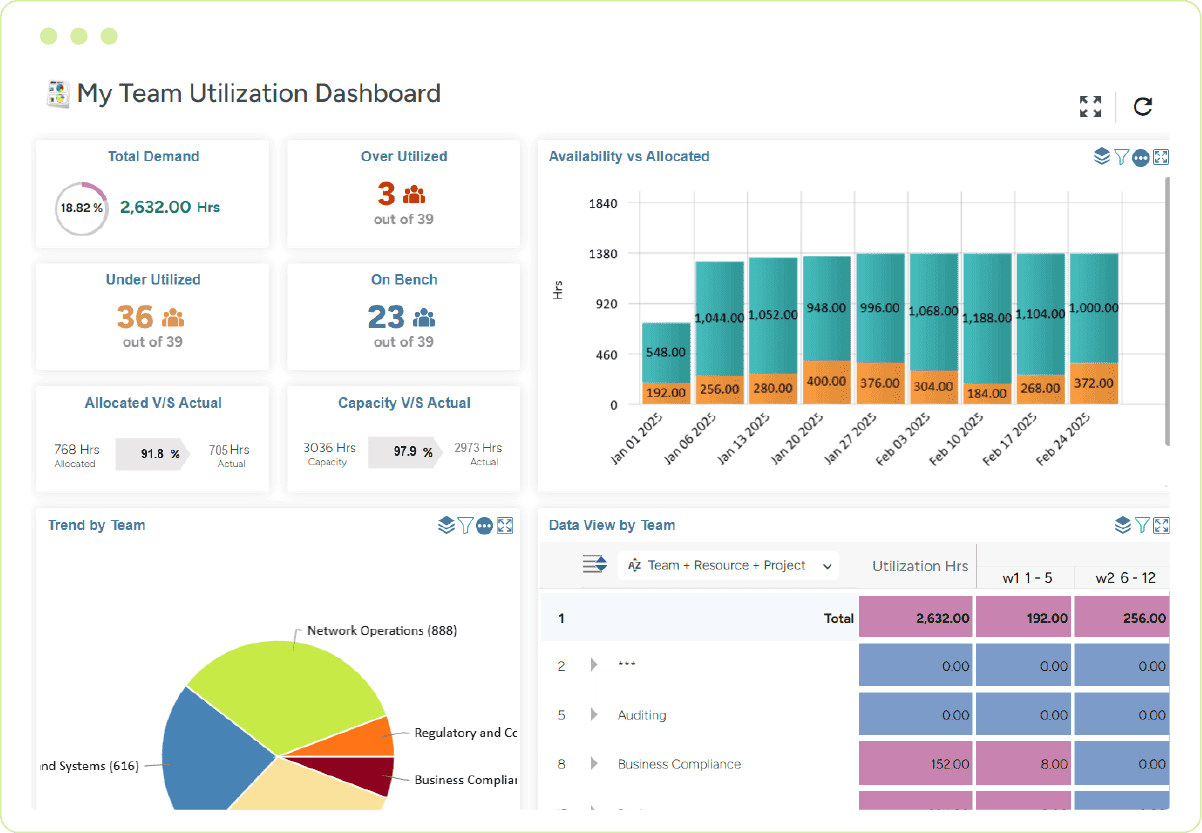 Team utilization dashboard providing an insight into resource productivity and workload distribution