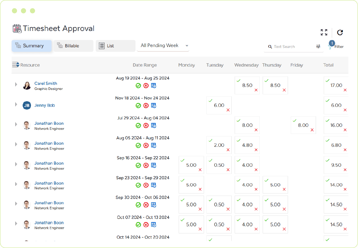 Timesheet approval dashboard displaying approval statuses