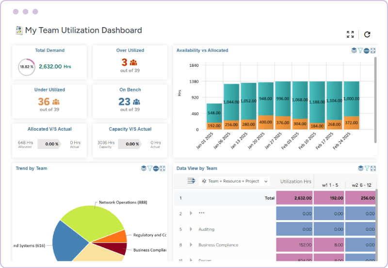 Team utilization dashboard providing an insight into resource productivity and workload distribution