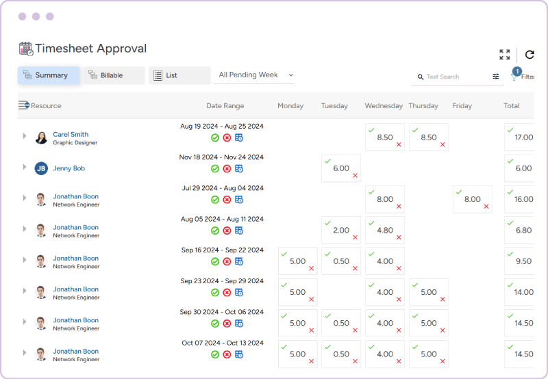 Timesheet approval dashboard displaying approval statuses