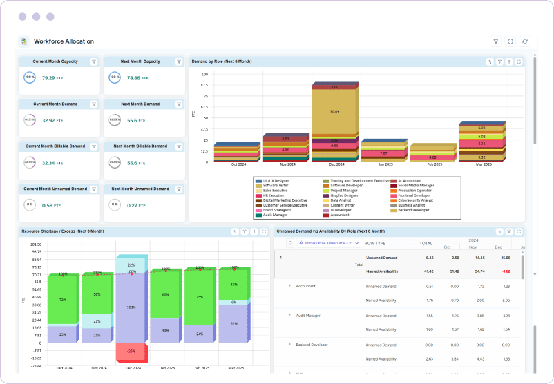 Dashboard showing capacity, demand, billable demand, role-based demand, resource shortages and availability