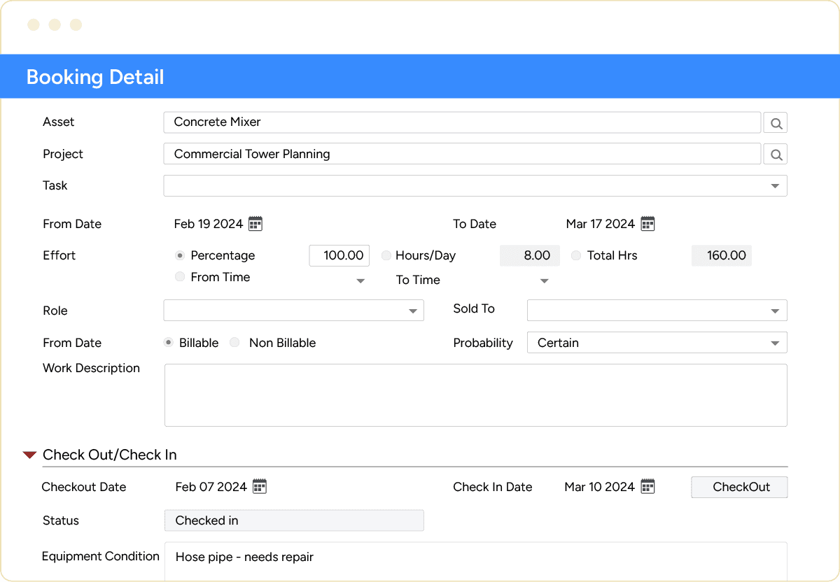 SAVIOM Asset Booking Detail Screen