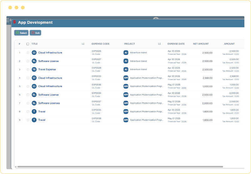 Dashboard showing expense items, expense codes, project details, expense dates, and billing amounts