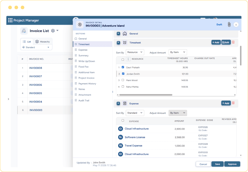 Dashboard showing invoice details with timesheet hours, expense items, and project billing records