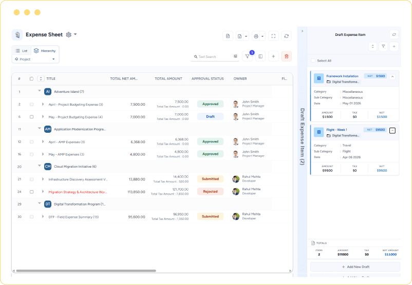 Dashboard showing expense records, owner details, approval status, and draft expense entries by project