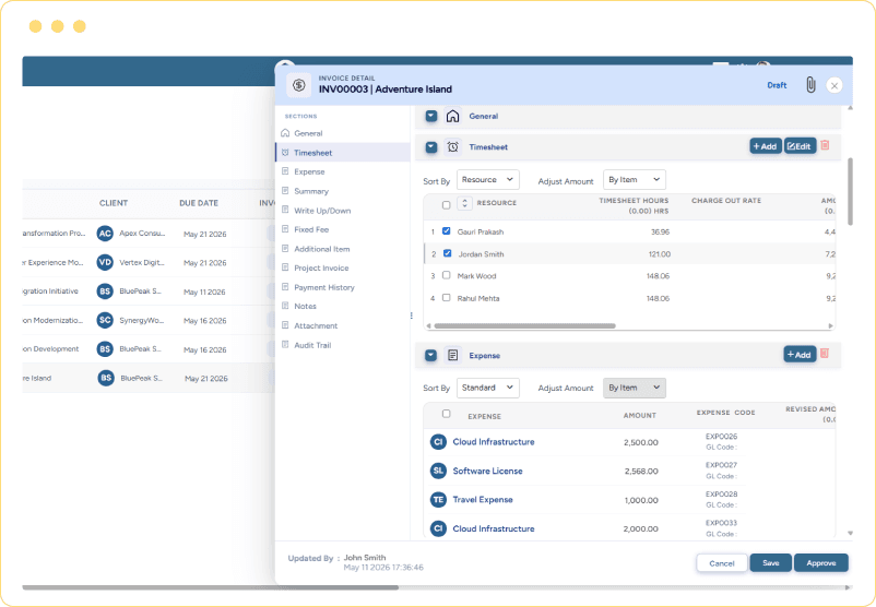 Dashboard showing invoice list with invoice detail, timesheet hours, expenses, and approval workflow